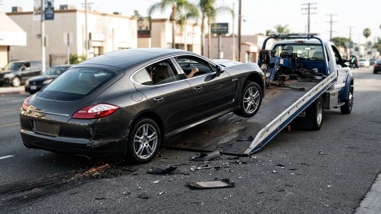 Иллюстрация 101auto.ru: Porsche Panamera сорвался с эвакуатора в Калифорнии и получил повреждения