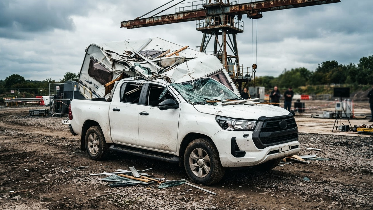 Иллюстрация 101auto.ru: Toyota показала, как Hilux BEV пережил падение каравана с высоты 9 метров