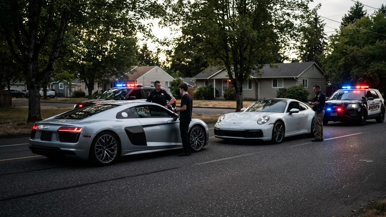 Иллюстрация 101auto.ru: Две 25-летние Audi R8 и Porsche 911 устроили гонку со скоростью 107 миль/ч в зоне 35 миль/ч