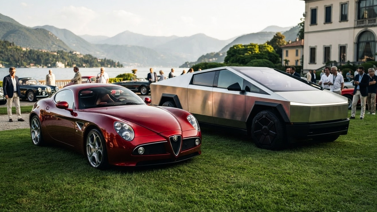 Иллюстрация 101auto.ru: Alfa Romeo 8C и Tesla Cybertruck встретились на конкурсе в Италии