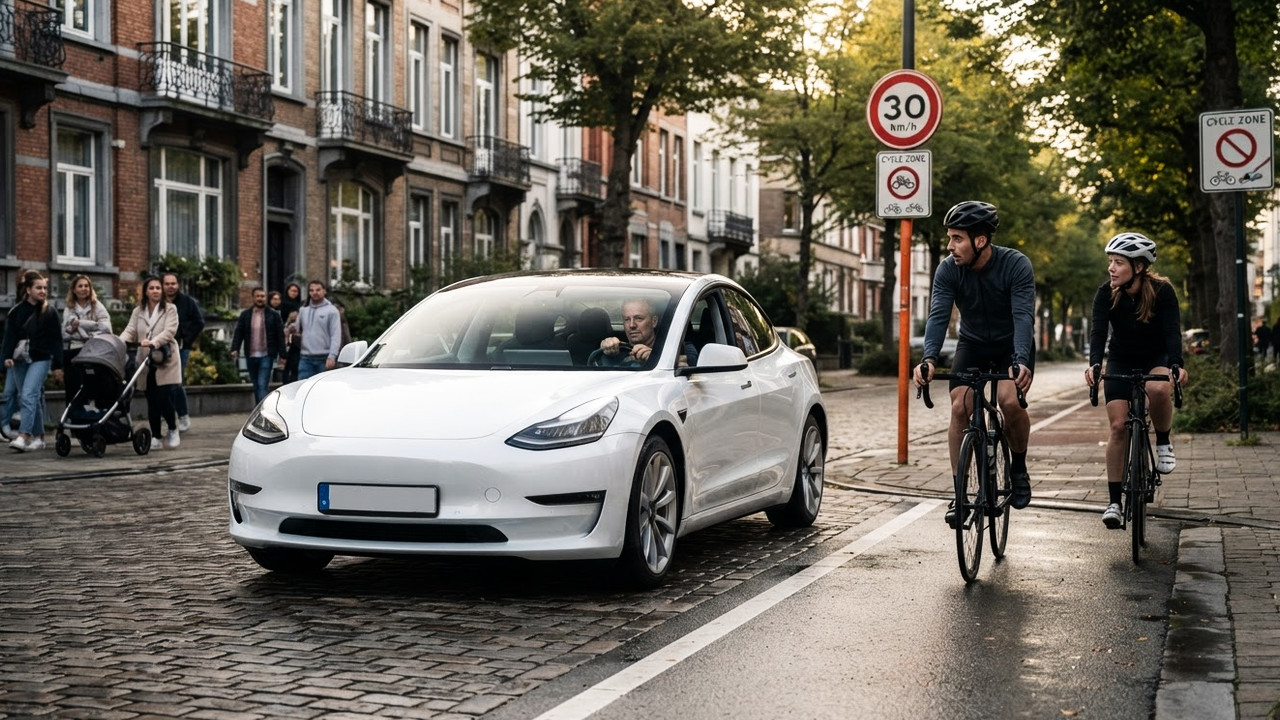 Иллюстрация 101auto.ru: В Бельгии FSD Tesla превысил лимит скорости и пытался обгонять велосипедистов